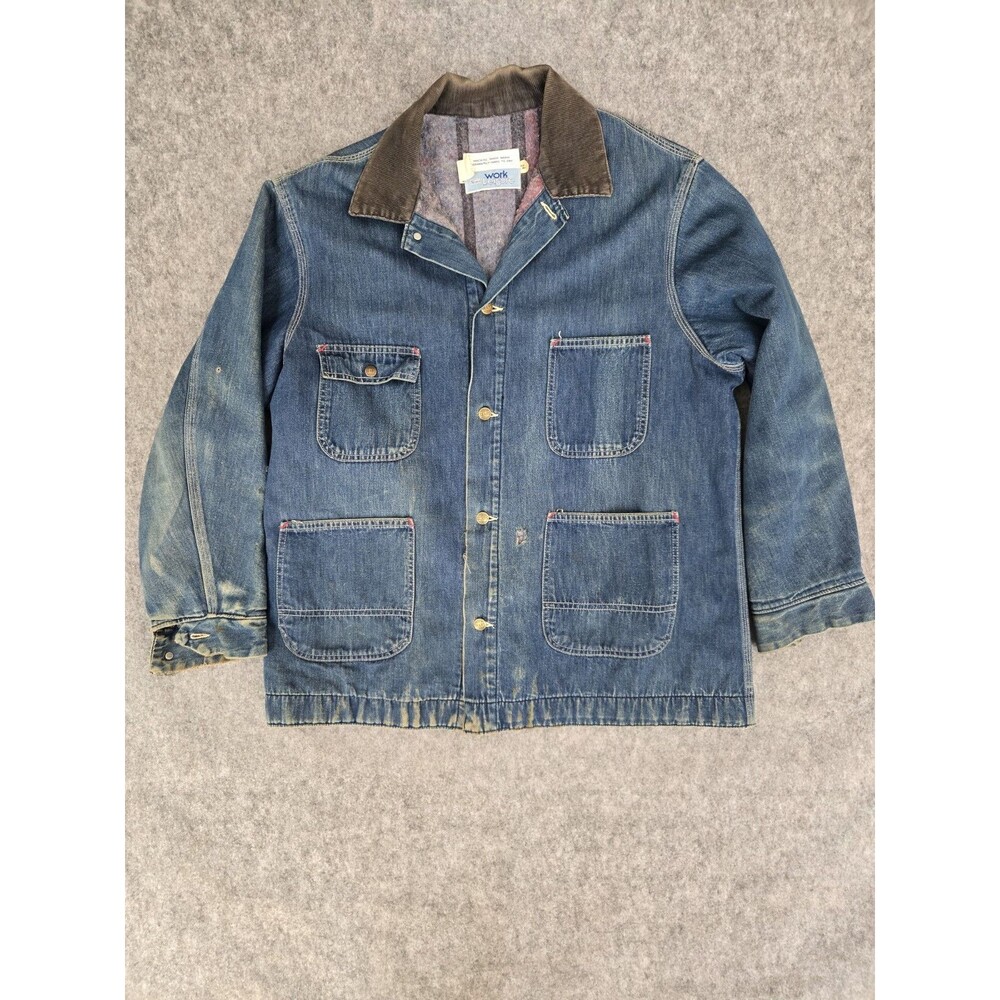 Vintage 60s 70s Sears Faded Blanket Lined Denim Distressed Chore Jacket Size XL